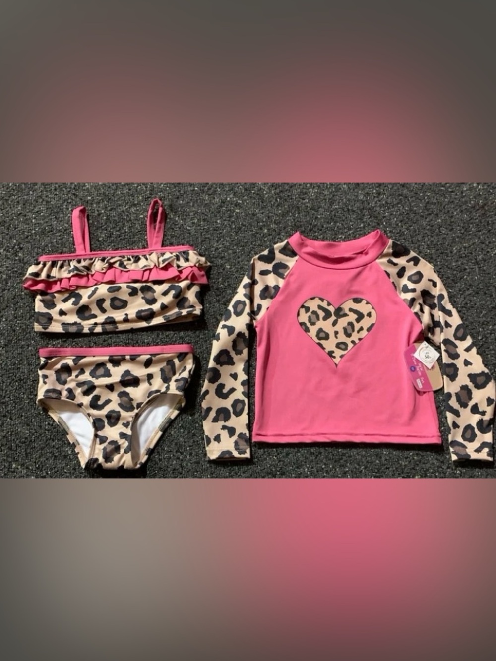 New Lily & Dan Girls size 3T leopard 3 Piece bikini Swimsuit and Rash Guard